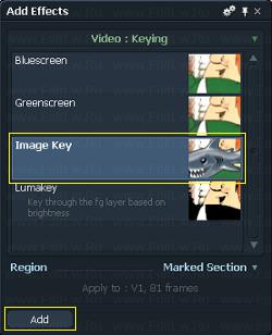 Окно раздела Keying в Lightworks для выбора эффекта Image Key